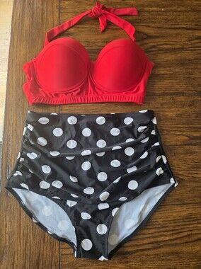 NEW Red Halter Bikini Top with Black & White Polka Dot High-Waist Bottoms